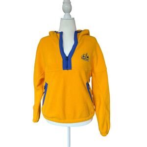 Marmot Super Aros Fleece Hoody 1/2 Zip Womens Size M Yellow/Blue Kangaroo Pocket